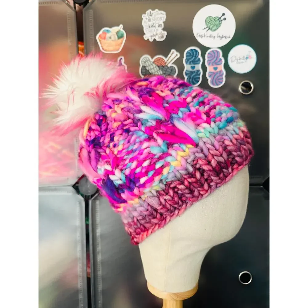 Hand Knit Merino Wool Scrappy Lake Erie Beanie: Faux Fur Pom - Adult Size